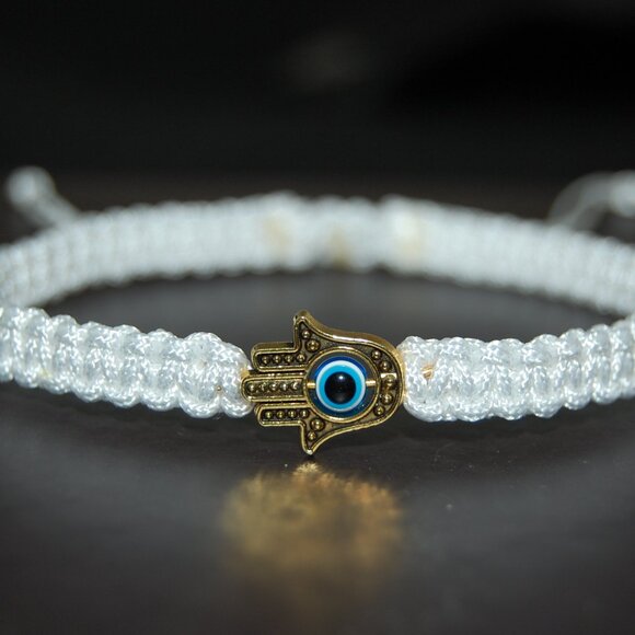 Hamsa Hand Bracelet,White Hamsa Hand Bracelet,Evil Eye Bracelet,Drawstring Style - Picture 2 of 2